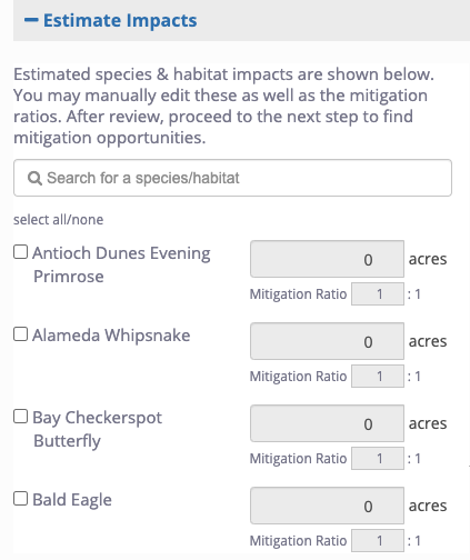 menu with list of species and acreage targets
